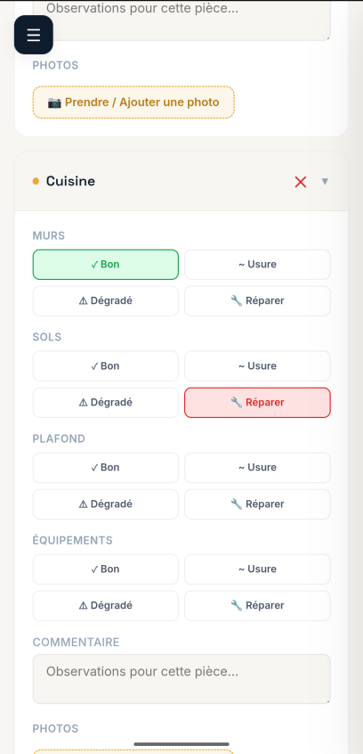 État des lieux mobile — grades par élément