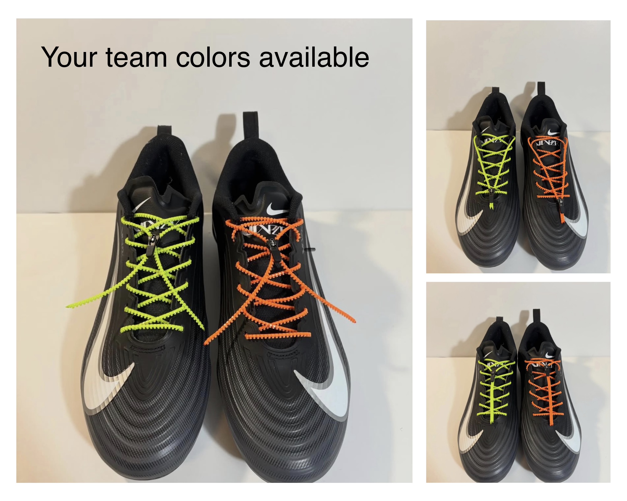 Zipuplaces in Nike cleats showing 3 configurations: zipped with laces visible, zipped with laces tucked (soccer), and unzipped safety mode