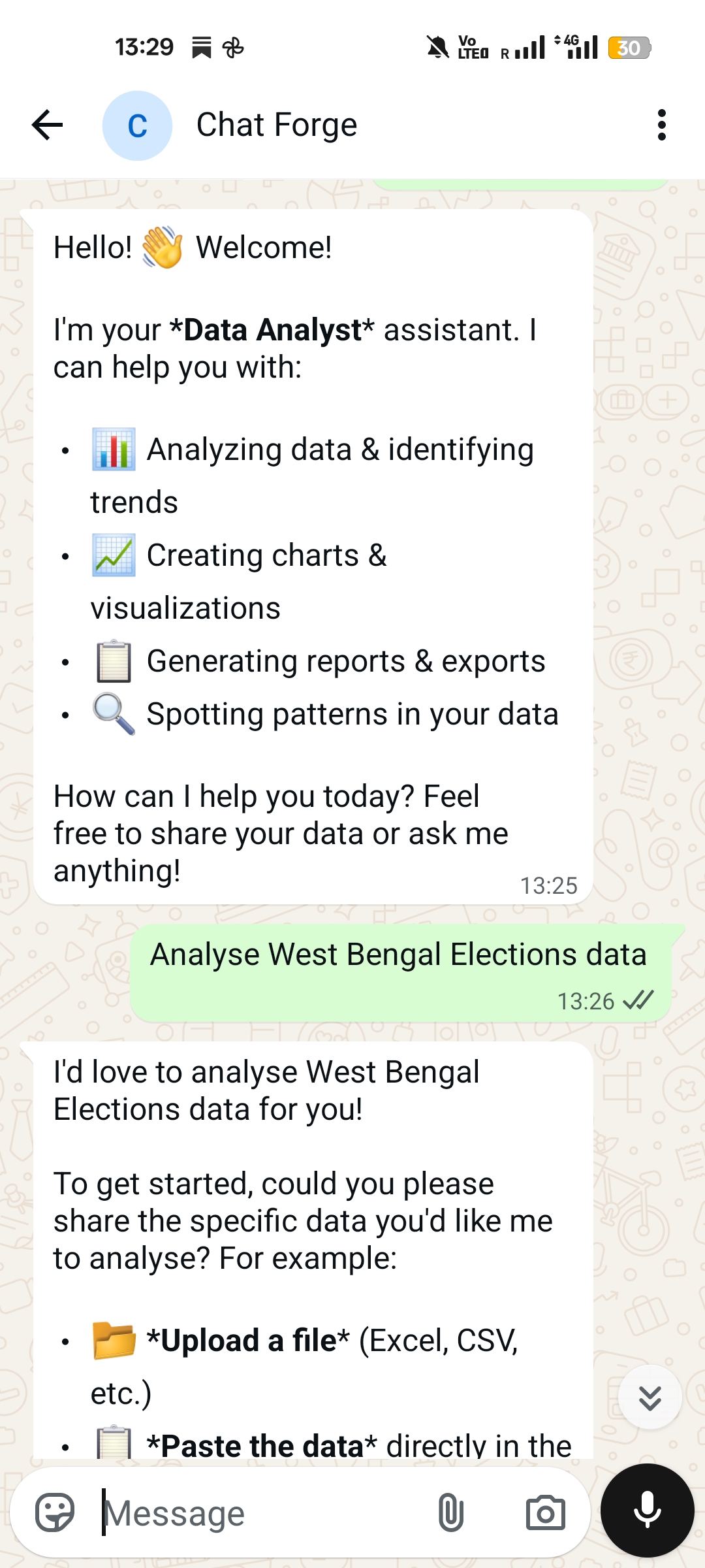 Data Analyst AI agent introduces itself with capabilities