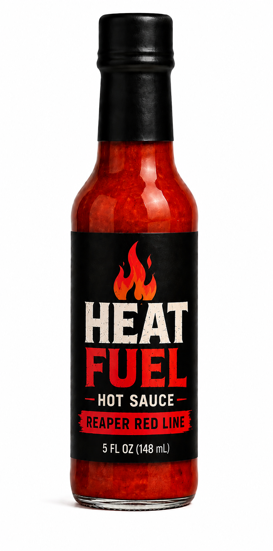 Red Line artisan hot sauce bottle — deep crimson scorpion pepper sauce through clear glass