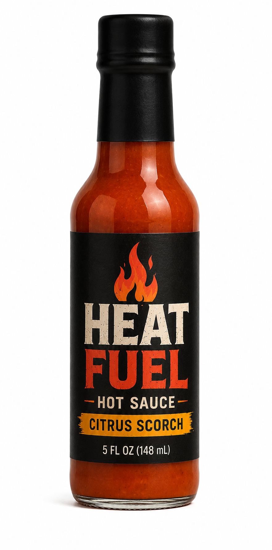 Citrus Scorch artisan hot sauce bottle — bright orange habanero sauce through clear glass