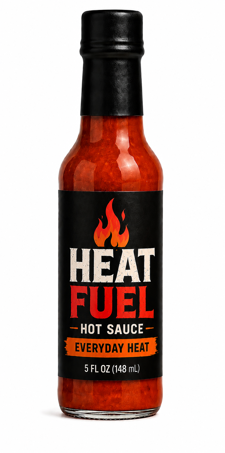 Everyday Heat artisan hot sauce bottle — warm amber sauce through clear glass