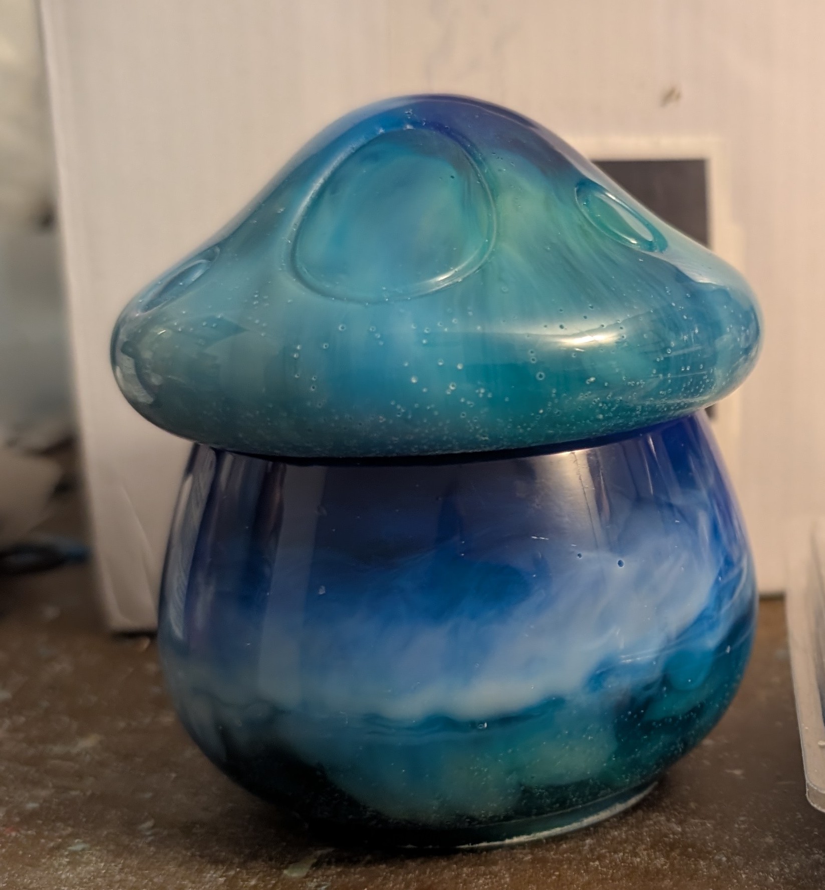 Handmade blue-teal resin mushroom jar with lid