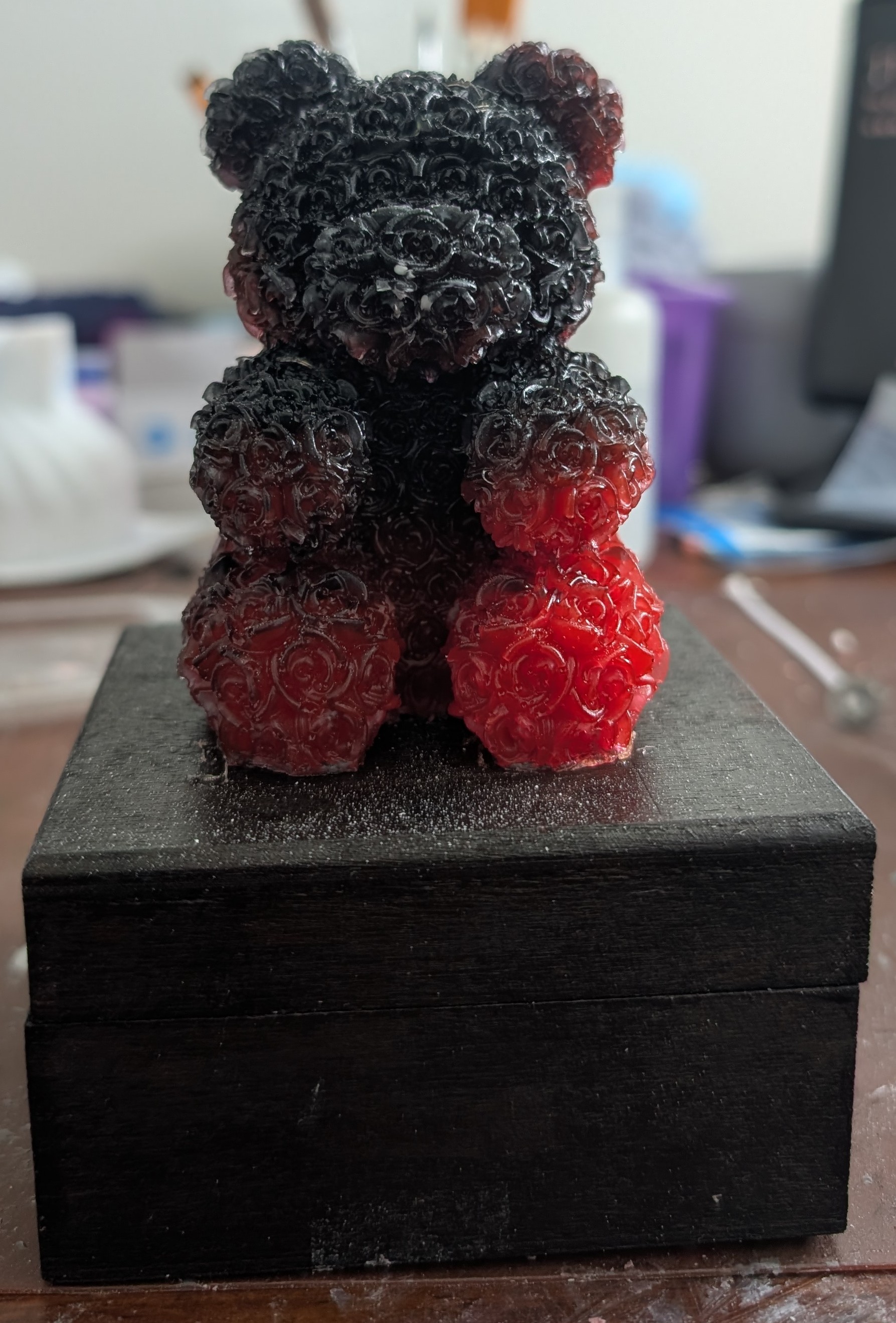 Handmade black and red rose bear resin keepsake on black box