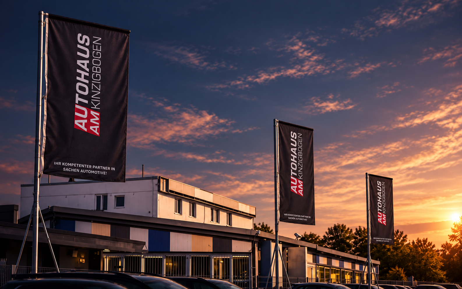 Autohaus am Kinzigbogen mit Fahrzeugen, Fahnen und weitem Himmel