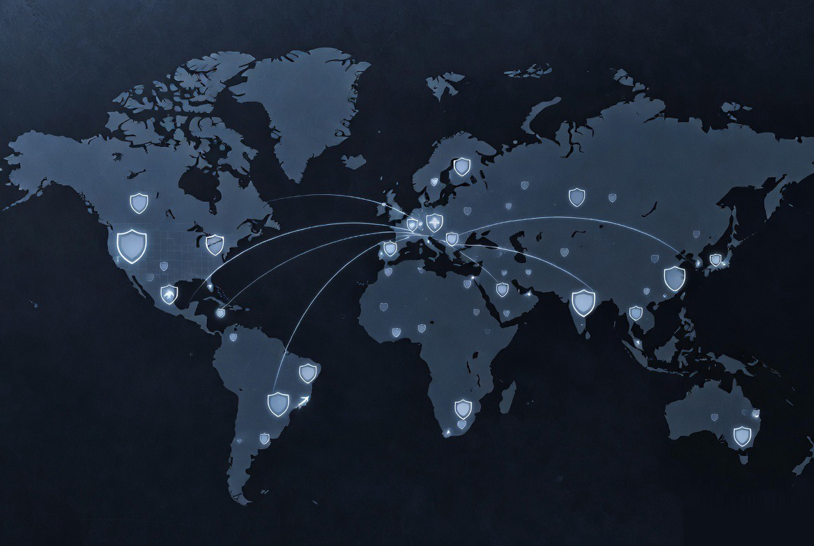World map with flight routes protected by SkyShield