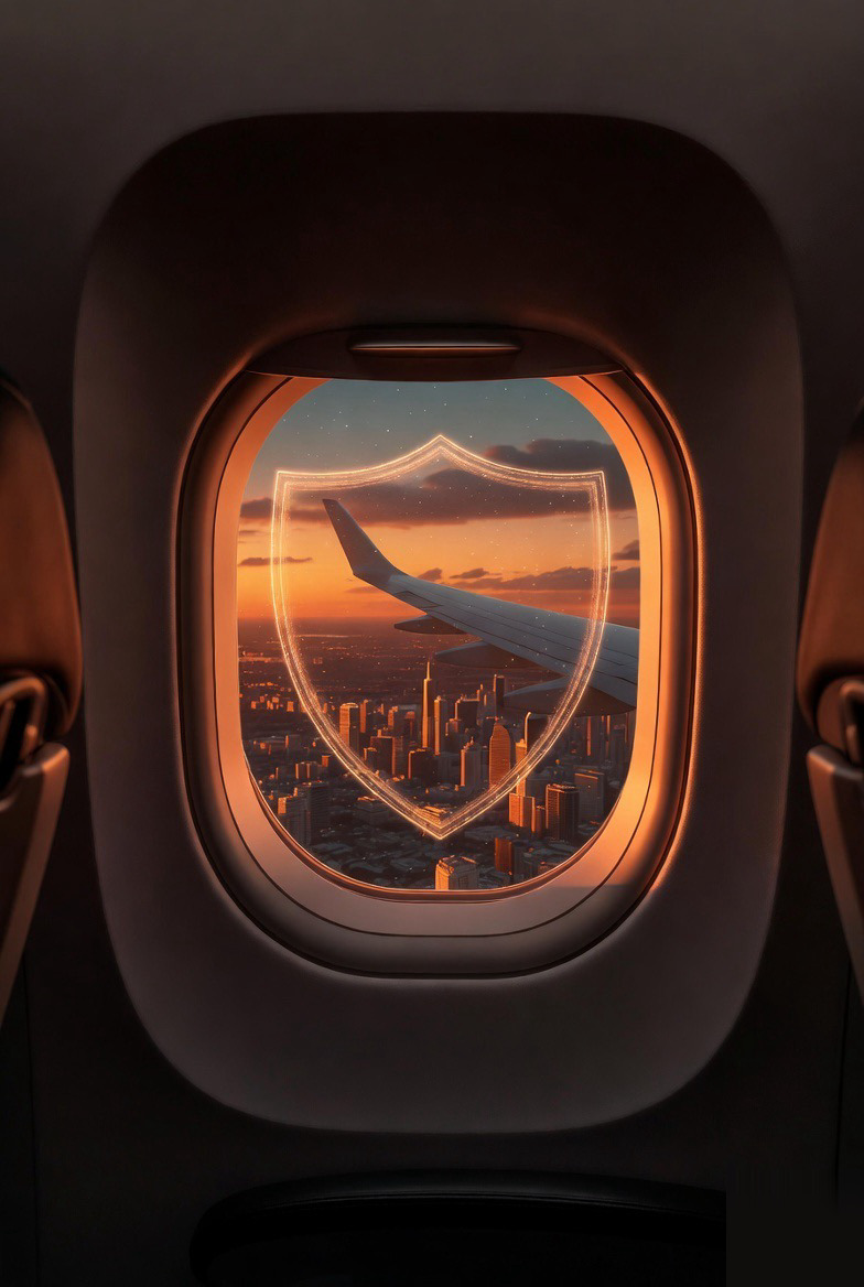 Flight window at sunset over city
