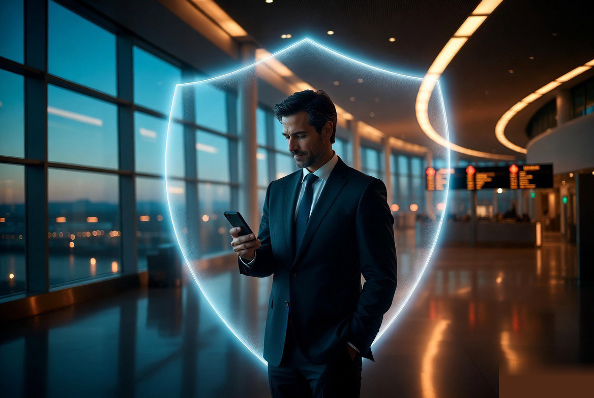 Traveller protected at airport with SkyShield