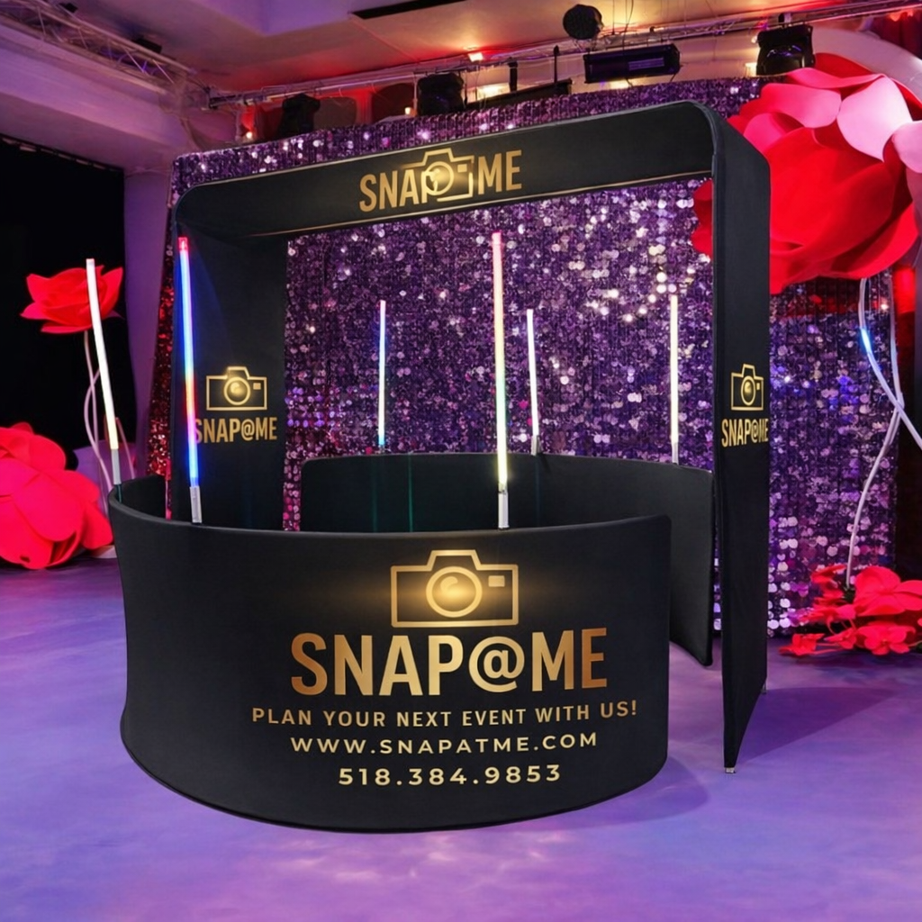 Snap at Me branded 360 photo booth with sequin backdrop