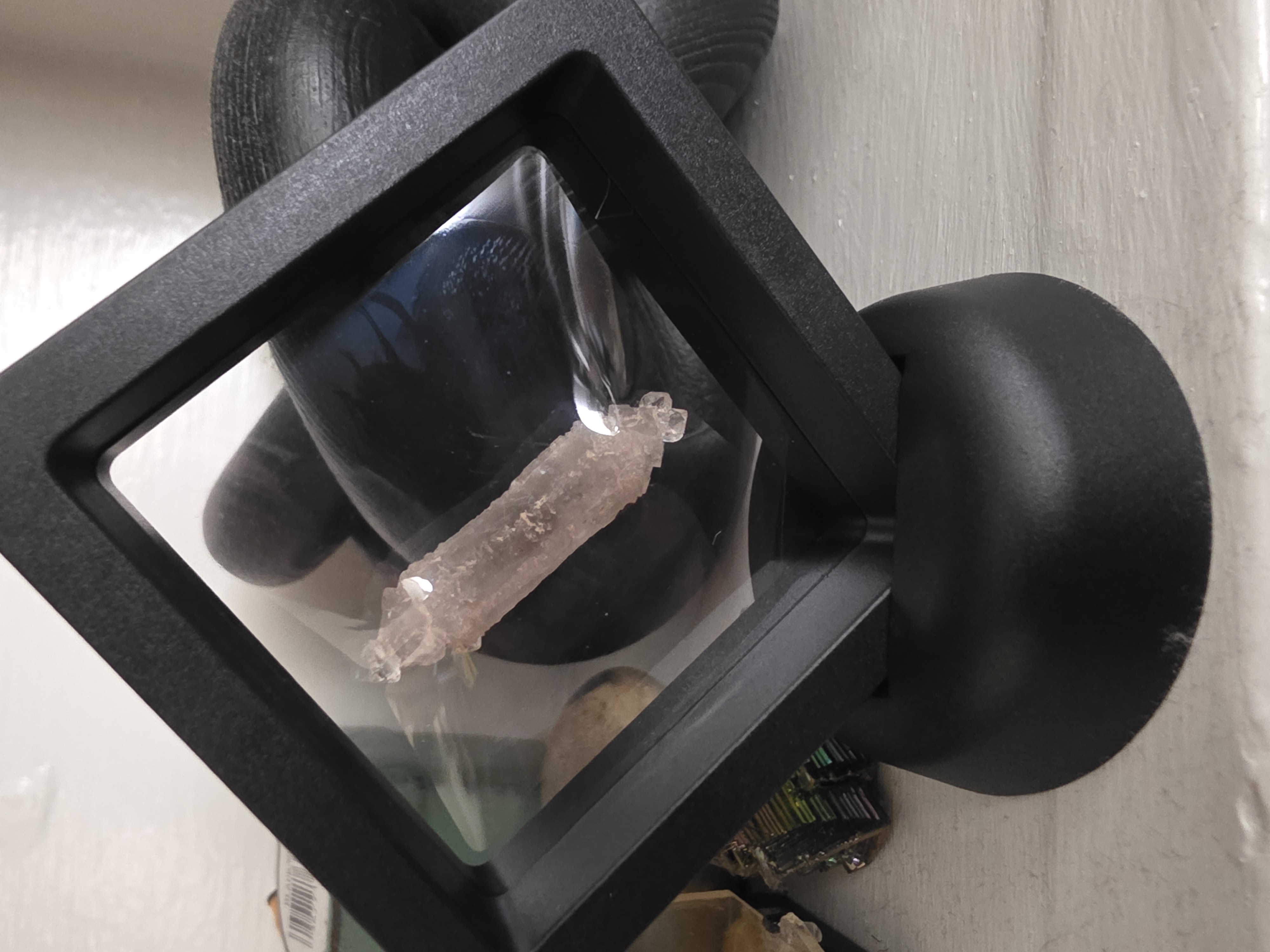 Saltville scepter quartz crystal in black floating frame stand, Smyth County Virginia