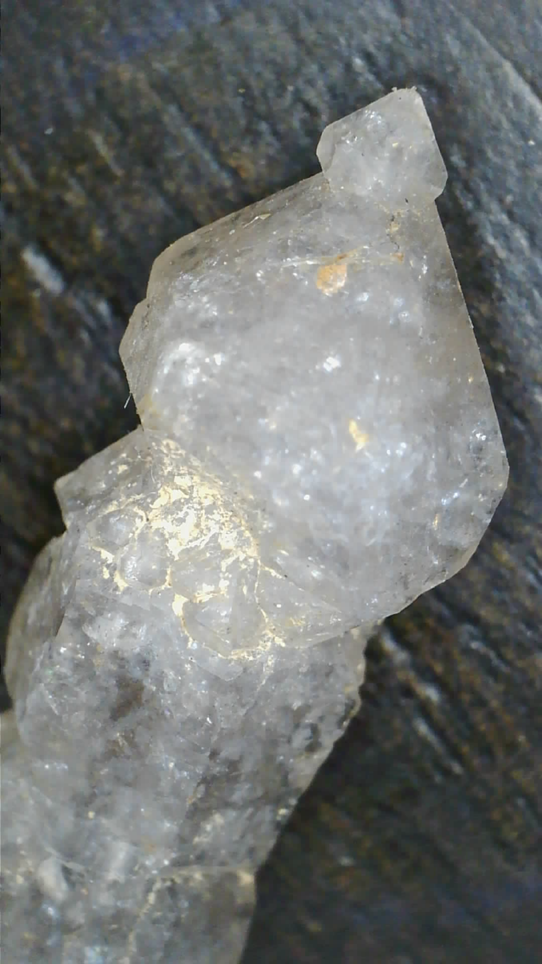 Macro close-up of Saltville quartz with anthraxolite inclusions and amber halo, Smyth County Virginia