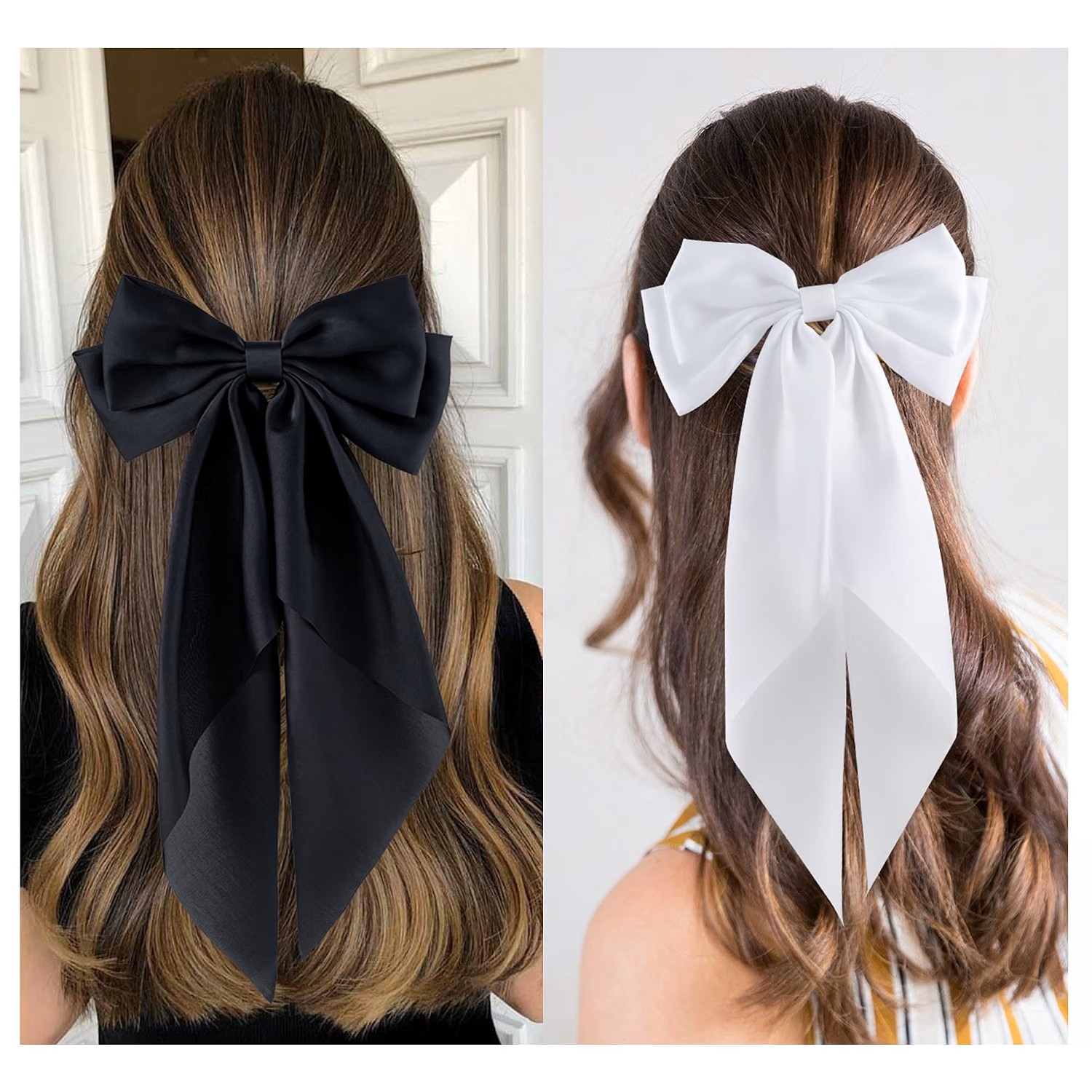 hisial Large Hair Bow Clip (Black/White) — Black satin, oversized, worn half-up. This is the one piece in the edit doing pure personality — no other accessory here needs to work as hard, because the bow is already reading as "game day glam" from twenty feet away.