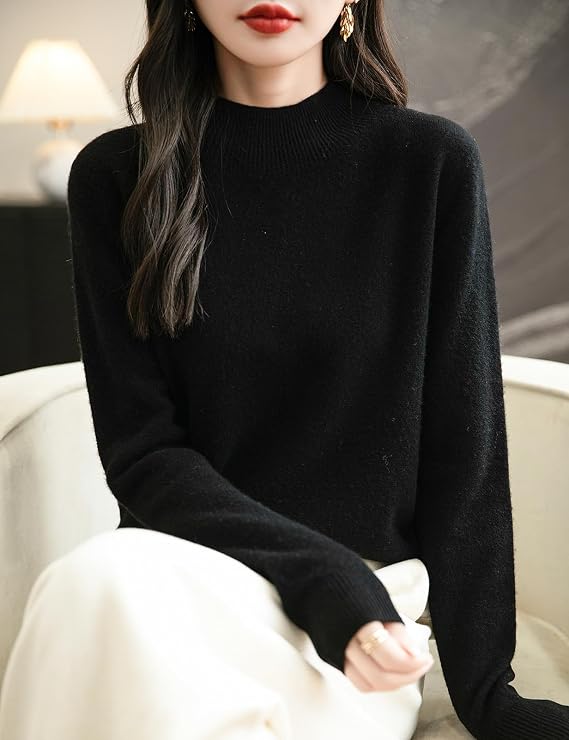 Mock Neck Merino Crew Sweater (Black) — Black, fitted, no-fuss. The piece that keeps the look grounded while the plaid and trench do the talking.