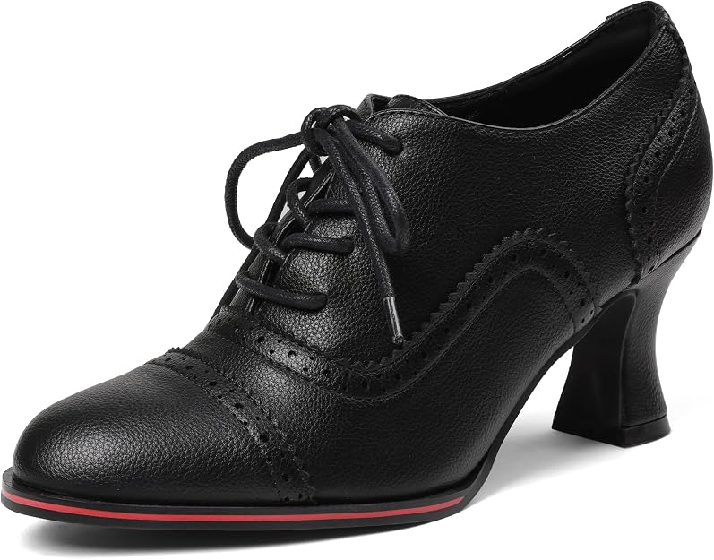 Oxford Lace-Up Shoes (Black) — Black leather, kitten heel, brogue detailing. Vintage-inspired without reading as costume.