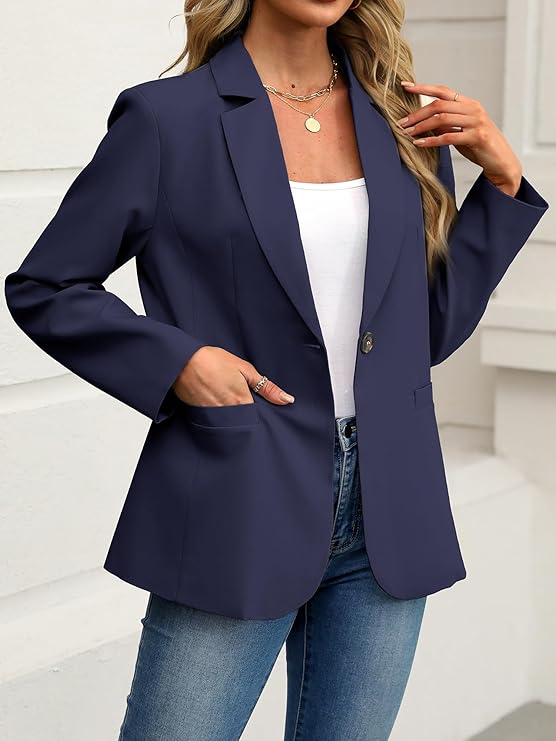 Long Sleeve Slim Fit Work Office Jacket with Pockets - Navy Blue