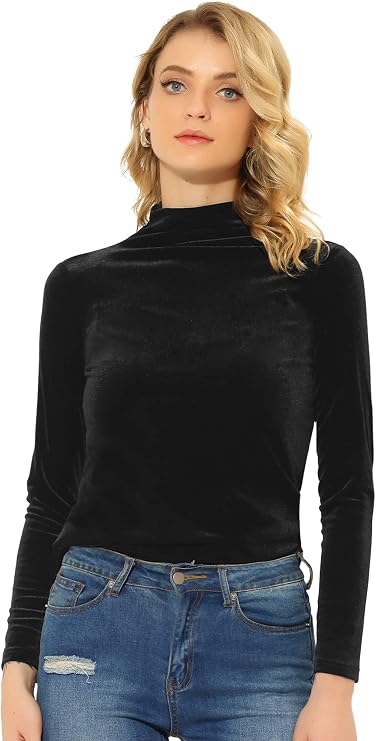 Mock Neck Velvet Turtleneck, Black — A velvet mock-neck turtleneck sets the tone.