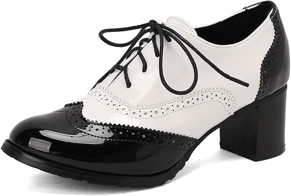 Oxford 1950s Lace-Up Shoes (Black-Patent) — Black-and-white patent lace-ups with a block heel. Equal parts prep school and film noir.