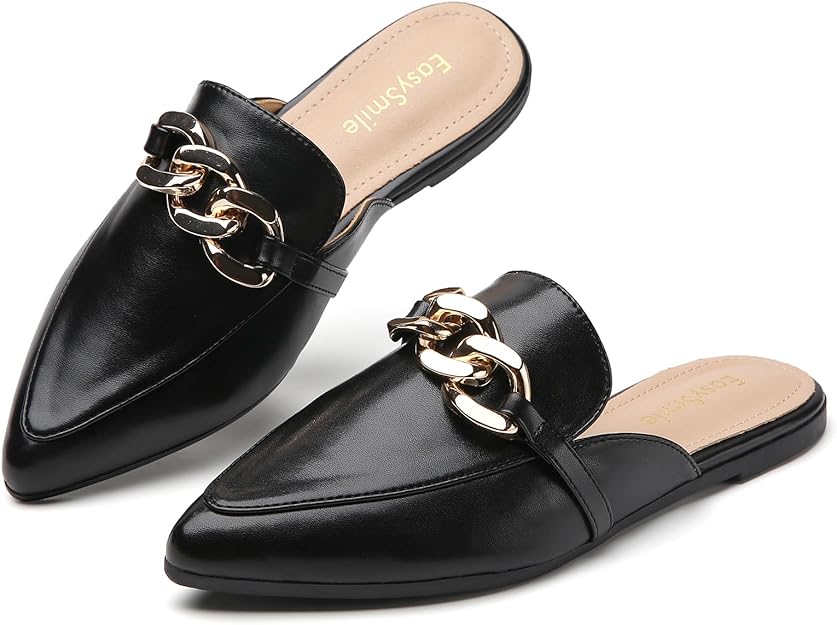 Metal Chain Decor Flat Mules - Metal-Chain Black