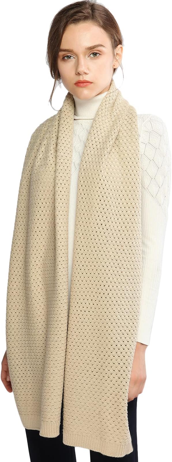 Chunky Knit Scarf - Beige — An oversized cream scarf adds the finishing texture.