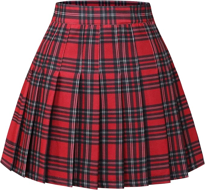 Timormode Red/Black Plaid Pleated Skirt — High-waisted, fully pleated, the plaid doing the most visual work in the entire outfit. This is the piece that makes the whole look read "homecoming" instead of just "fall outfit" — structured enough to move in through a full day of cheering and walking stadium stairs.
