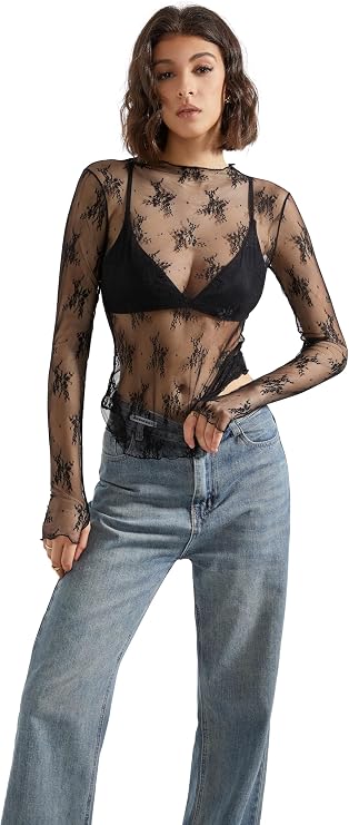 Mesh Sheer Long Sleeve Top, Black — A sheer lace top does the heavy lifting.