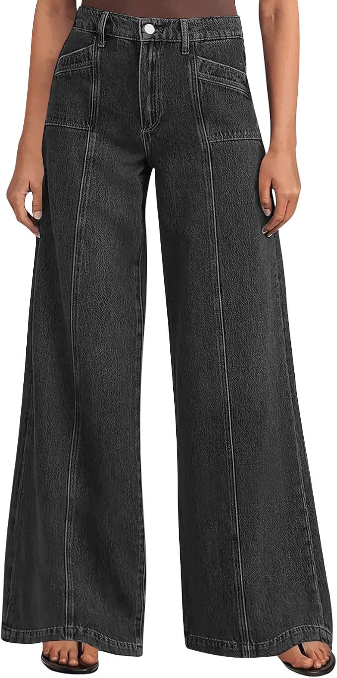 Wide Leg Jeans - A01#black — Wide-leg black denim balances the oversized top.