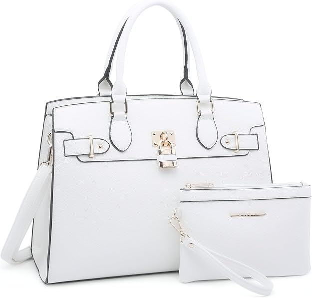 Top Handle Satchel and Clutch (White) — Structured, white, gold hardware. Big enough for a laptop, polished enough for a lecture hall.