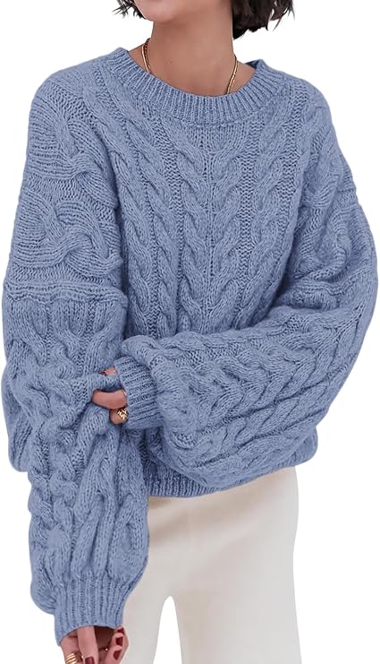 PRETTYGARDEN Cable Knit Oversized Sweater (Mist Blue) — Oversized, deliberately slouchy, the softest color in the whole edit. This is the piece that sets the tone — comfortable enough to wear to an 8am, relaxed enough that no one would guess you left the dorm ten minutes ago.