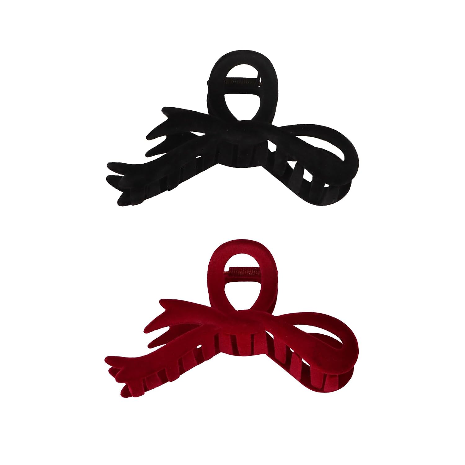 Velvet Claw Clip — A velvet bow claw clip finishes the hair.