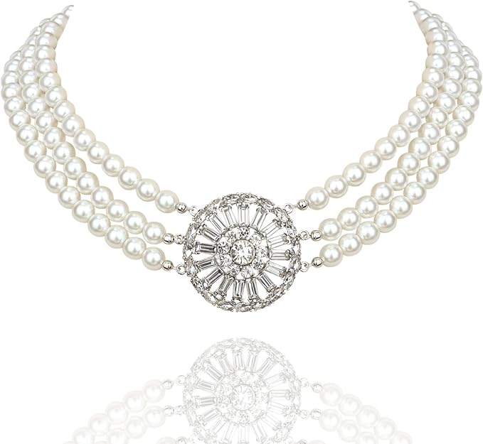 White Pearl Choker — A layered pearl choker sets the tone at the neck.
