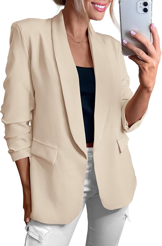 Long Sleeve Open Front Dressy Suit Jacket - Beige