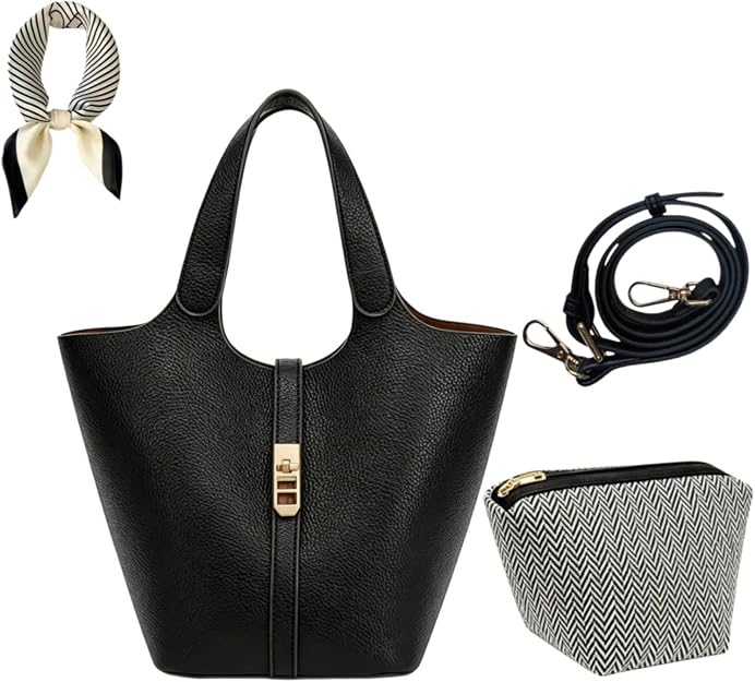 Vegan Leather Bucket Bag, Black — A structured bucket bag carries the whole aesthetic.