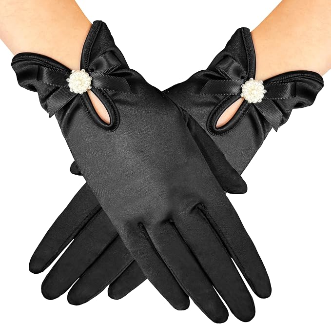 Floral Lace Gloves - Black — Black satin gloves finish the hand.