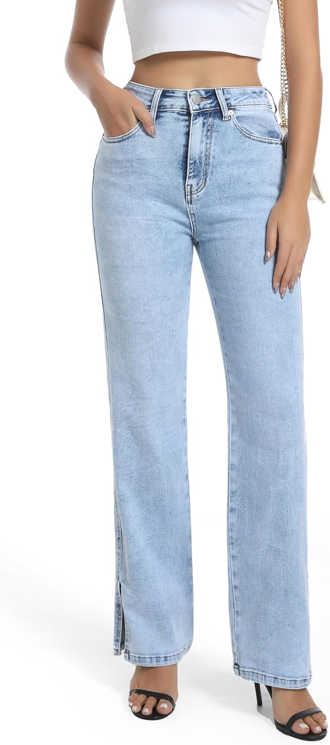 High Waisted Stretchy Straight Leg Split Hem Jeans - Light Blue