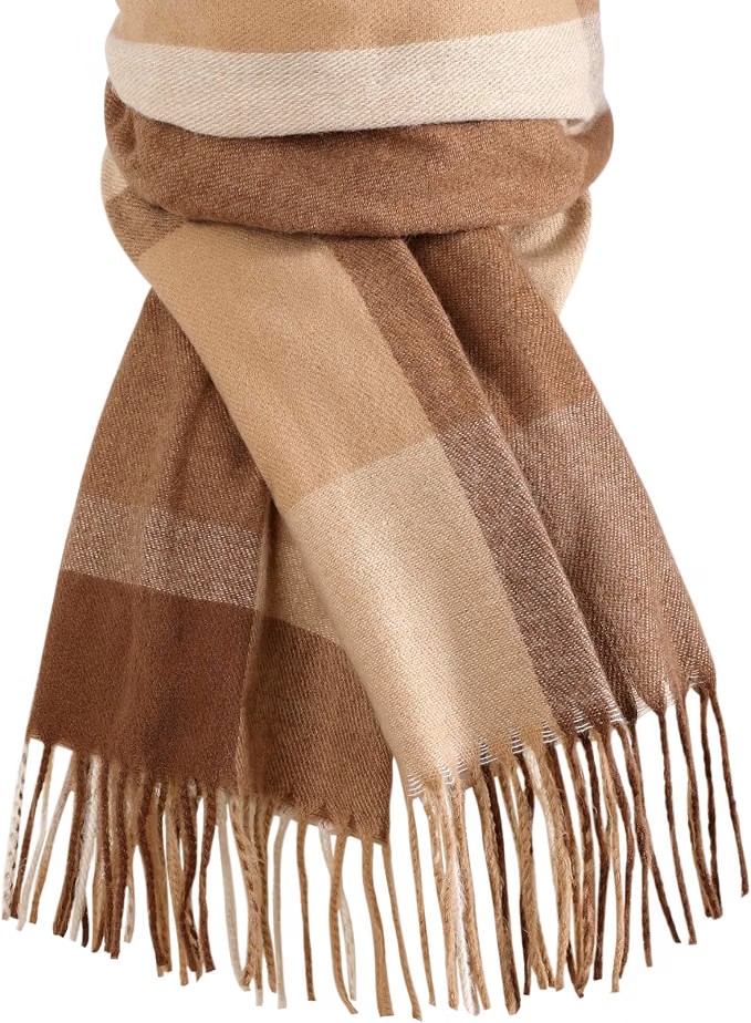 Trifabricy Plaid Blanket Scarf (Camel-Brown Lattice) — Oversized, fringed, wrapped twice around for actual warmth rather than just for show. This is the piece that pulls the whole camel-and-blue palette together and makes the outfit look considered instead of thrown on.