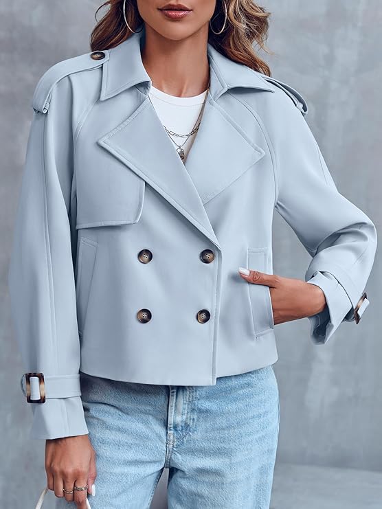 Crop Double Breasted Trench Coat - Sky Blue