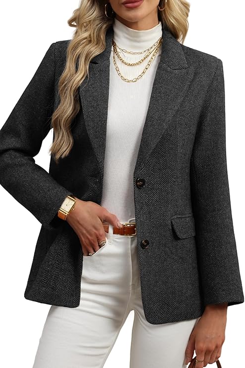 Tweed Herringbone Blazer (Black) — Charcoal herringbone, boyfriend-oversize cut. Structured but slouchy in exactly the right places.