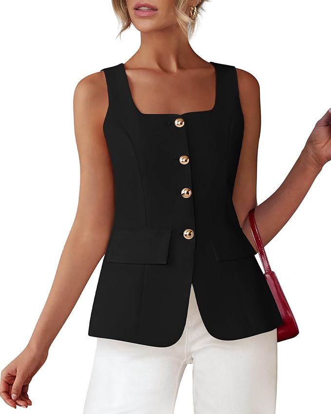Square Neck Sleeveless Button Down Suit Vests - Black