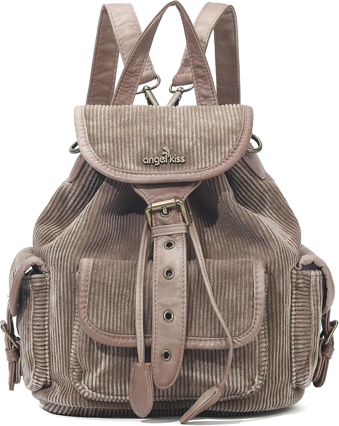 Angel Kiss Corduroy Backpack (Khaki) — Structured enough to actually organize a laptop and notebooks, soft enough in texture to still read "cozy" instead of "functional." The multiple front pockets mean you're not digging around for your phone at the coffee counter.