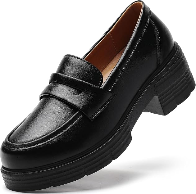 TKKAE Platform Slip-On Penny Loafer (Black) — Chunky sole, classic penny detailing, a platform that adds height without sacrificing the ability to actually stand in bleachers for three hours. These do double duty as the "comfortable enough for game day" shoe and the "still looks put-together" shoe — rare to get both from one pair.
