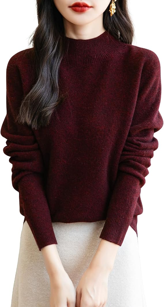 Mock Neck Merino Crew Sweater (Dark Red) — Deep burgundy, the one color pop in an otherwise monochrome look.