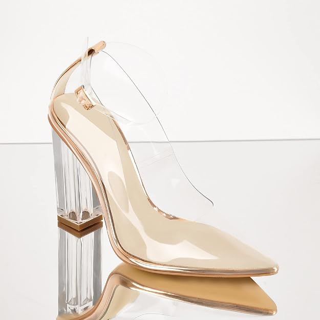 Richealnana Clear Crystal Block Heels — Transparent perspex pointed-toe block heel pumps.