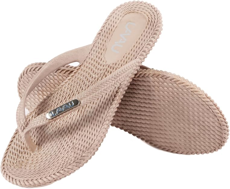LAVAU Raffia Flip Flops — Comfortable raffia flip flops for poolside and outdoor dining.