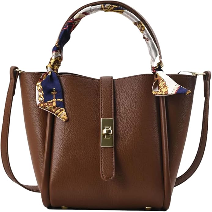 MakeMeChic Brown Scarf-Wrapped Leather Handbag — Elegant leather handbag with decorative scarf detail.