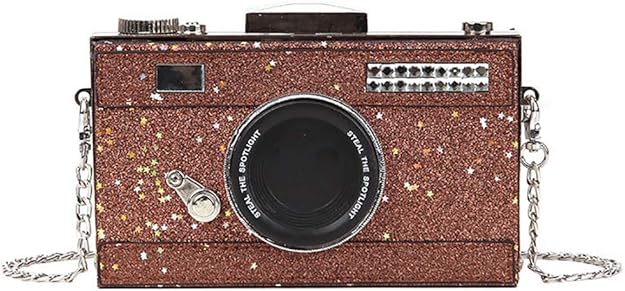Rose Gold Glitter Camera Crossbody Bag — Compact sparkly crossbody for concert essentials.