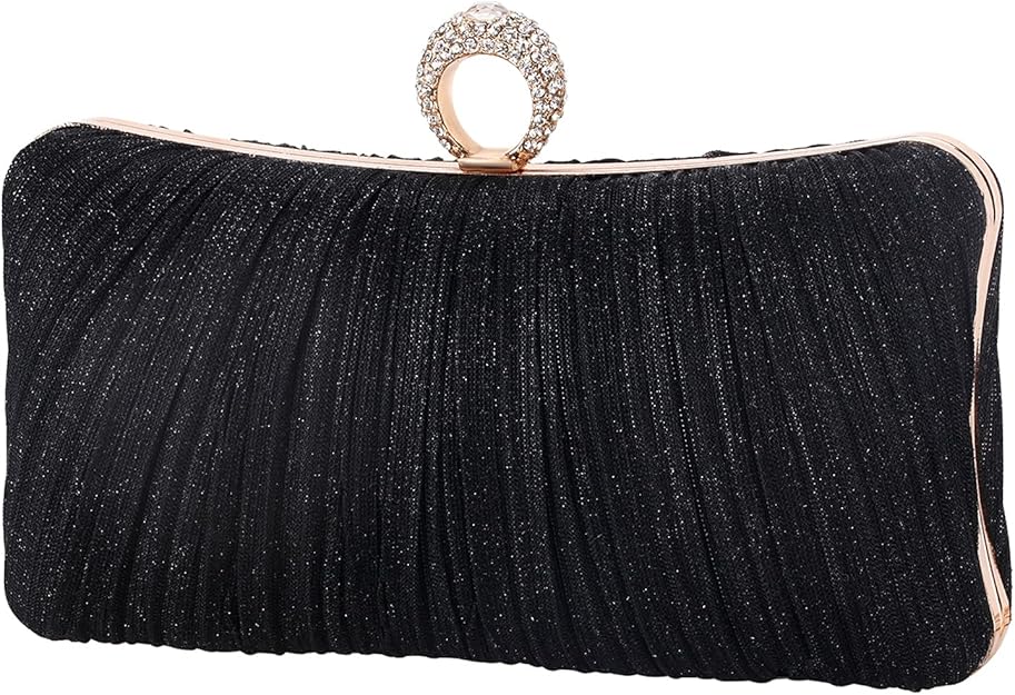 Black Glitter Pleated Evening Clutch — Black glitter pleated evening clutch with rhinestone detail.