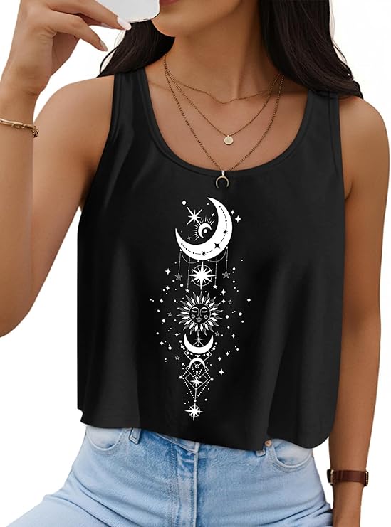 Black Celestial Graphic Crop Tank — Sleeveless cropped tank with celestial graphic print.
