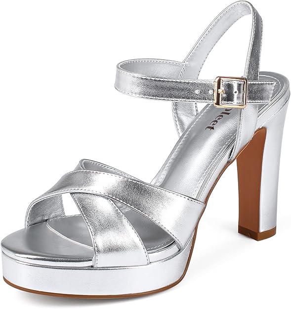 Abbleet Silver Platform Heels — Silver strappy platform heels. Sky-high but stable enough to dance all afternoon. These catch the light at every angle.