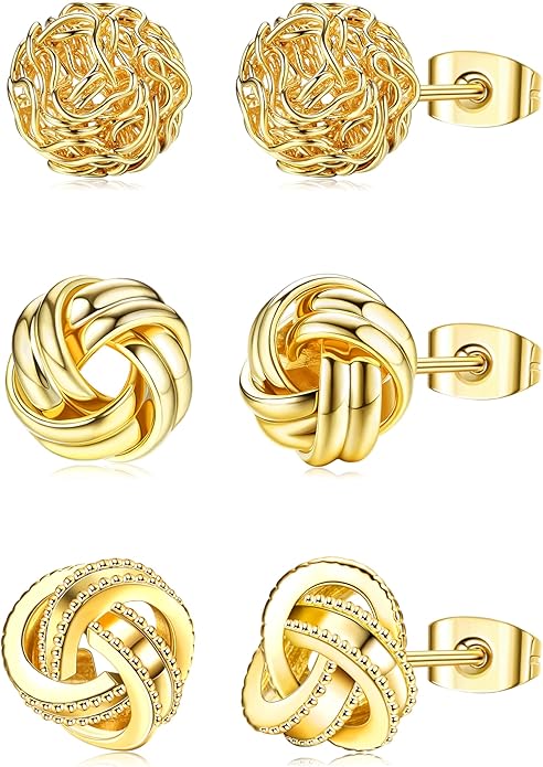HAIAISO Gold Knot Stud Earrings 3-Pack — Gold plated knot stud earrings in a 3-pack set.