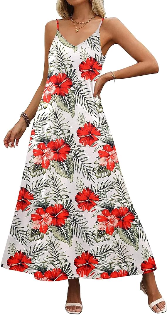 Zeagoo Tropical Floral Maxi Dress — Spaghetti strap tropical floral vacation sundress maxi.